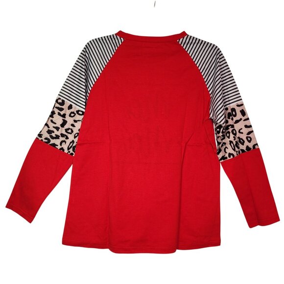 Women's Ma Ma Print Long-Sleeve Raglan Top Red Leopard & Stripes Size Medium - Picture 2 of 8